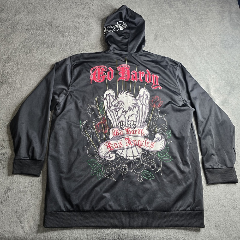 ED HARDY Hooded Jacket Mens 2XL Black CHRISTIAN AUDIGIER Embroidered EAGLE